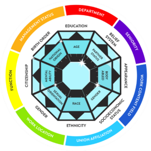 Diversity Diamond which is an image like a diamond showing many different cultural experiences: Department, Seniority, Work Content Field, Union Affiliation, Work Location, Function, Management Status on the outer ring. Inner ring: Education, Belief System, Appearance, Socioeconomic Status, Ethnicity, Gender, Citizenship, Birth Order. And on the most inside ring: Age, Partner Status, Body Abled, Gender, Race, Sexual Orientation, Mental Ability, National Origin.